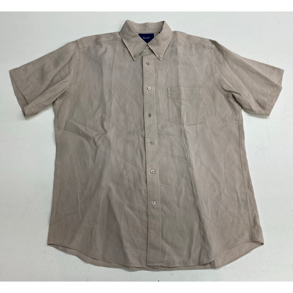 Men Faconnable 100% linen short sleeve tan pocket button up shirt, L